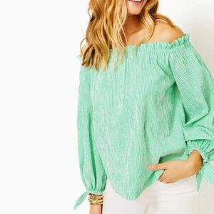 Lilly Pulitzer Jamielynn off-the-shoulder top in a green and white striped